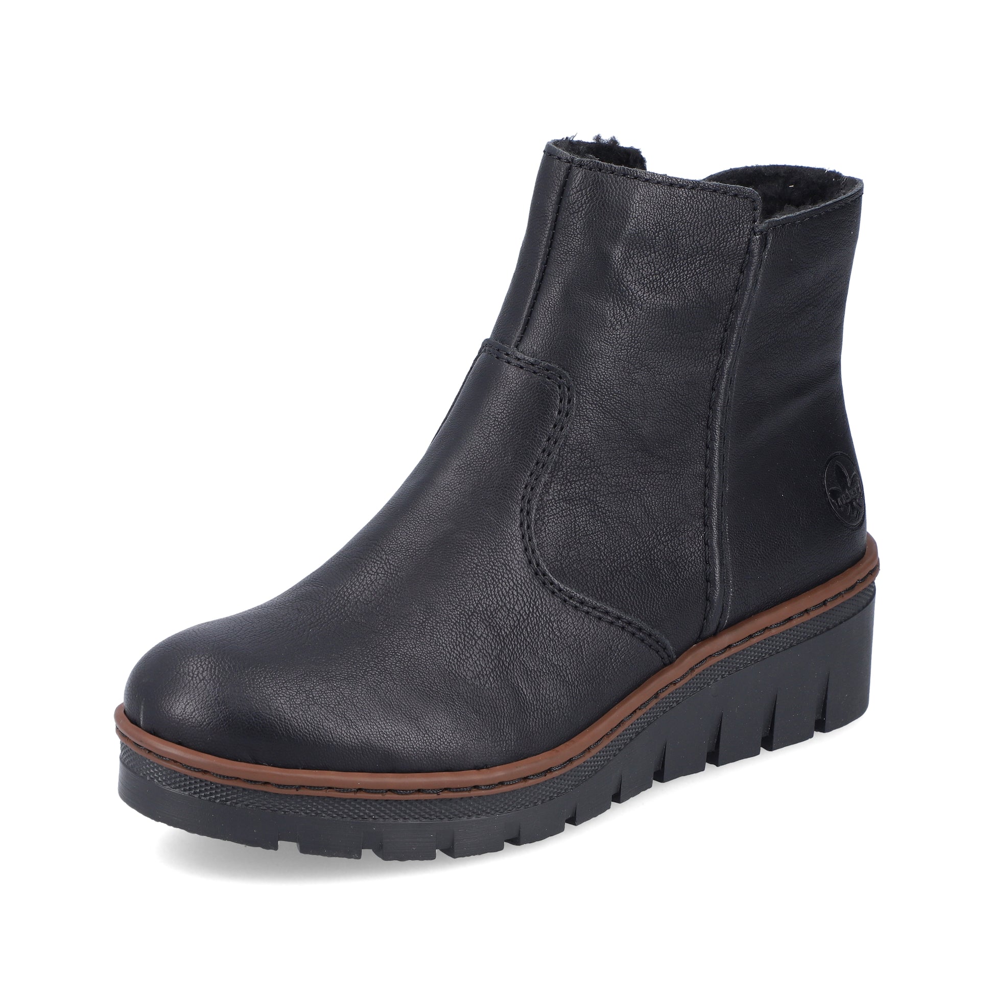 Black leather ankle boot with a brown sole on a white background